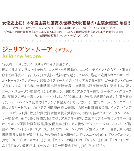 ジュリアン・ムーア《アリス》Julianne Moore：1960年、アメリカ、ノースキャロライナ州生まれ。
極めて多才でカリスマ性を放ち、コメディから感動作、エンターテイメントからアート系まで数多くの作品に出演、心を打つ演技で観る者を魅了している。最初に注目されたのは、ポール・トーマス・アンダーソン監督の『ブギーナイツ』(97)。アカデミー賞®、ゴールデン・グローブ賞にノミネートされ、全米映画批評家協会賞、LA映画批評家協会賞を受賞する。続くニール・ジョーダン監督の『ことの終わり』(99)で、アカデミー賞®、ゴールデン・グローブ賞、英国アカデミー賞にノミネートされる。2002年には、2作品で絶賛される。主演を果たしたトッド・ヘインズ監督の『エデンより彼方に』で、アカデミー賞®、ゴールデン・グローブ賞にノミネートされ、ヴェネチア国際映画祭女優賞、LA映画批評家協会賞、インディペンデント・スピリット賞、放送映画批評家協会賞を受賞する。助演を務めたスティーヴン・ダルドリー監督の『めぐりあう時間たち』では、アカデミー賞®、英国アカデミー賞にノミネートされ、ベルリン国際映画祭銀熊賞(女優賞)に輝く。その後も、デヴィッド・クローネンバーグ監督の『マップ・トゥ・ザ・スターズ』(14)でゴールデン・グローブ賞にノミネートされ、カンヌ国際映画祭女優賞を獲得する。その他の主な出演作は、『ハンニバル』(01)、『シングルマン』(09)、『キッズ・オールライト』(10)、『メイジーの瞳』(12)、『キャリー』(13)、『フライト・ゲーム』(14)など。最新作は、レベッカ・ミラー監督の『Maggie’s Plan』(15)。